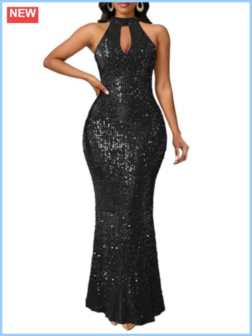 VERWIN Sleeveless Halter Neck Sparkly Bodycon Mermaid Maxi Sequins Dress